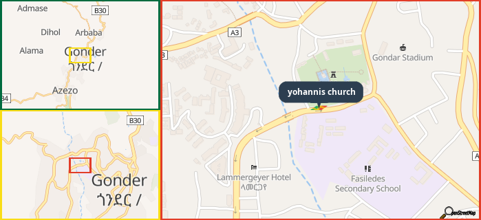 Map showing the address of yohannis church in three different zoom levels.