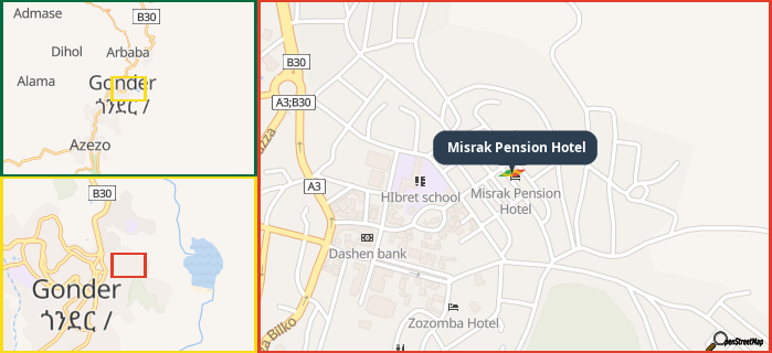 Map showing the address of Misrak Pension Hotel in three different zoom levels.
