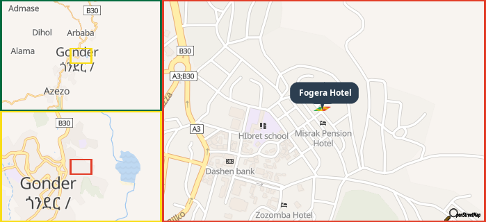 Map showing the address of Fogera Hotel in three different zoom levels.