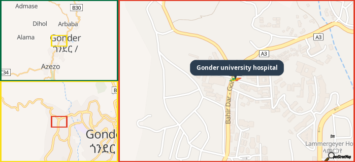 Map showing the address of Gonder university hospital in three different zoom levels.