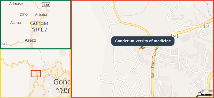 Map showing the address of Gonder university of medicine in three different zoom levels.