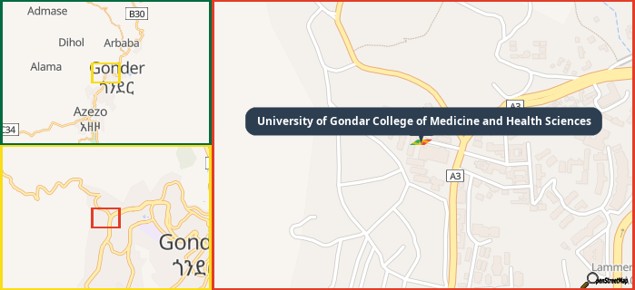 Map showing the address of University of Gondar College of Medicine and Health Sciences in three different zoom levels.