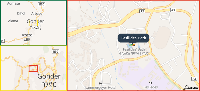 Map showing the address of Fasilides' Bath in three different zoom levels.