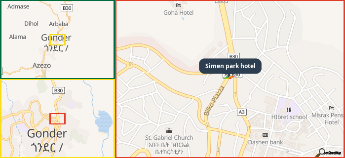 Map showing the address of Simen park hotel in three different zoom levels.