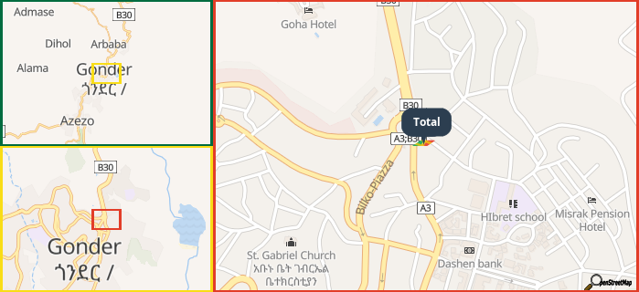 Map showing the address of Total in three different zoom levels.