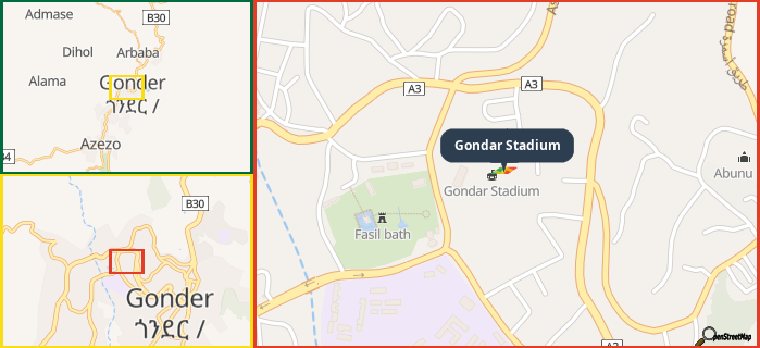 Map showing the address of Gondar Stadium in three different zoom levels.