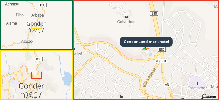 Map showing the address of Gondar Land mark hotel in three different zoom levels.