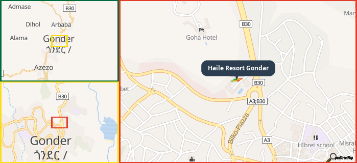 Map showing the address of Haile Resort Gondar in three different zoom levels.