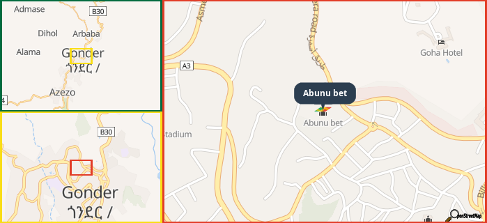 Map showing the address of Abunu bet in three different zoom levels.