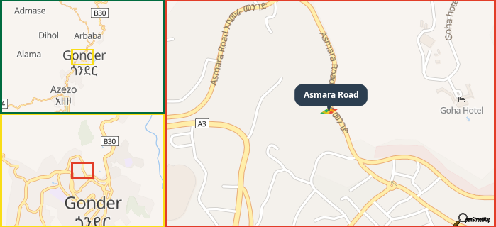 Map showing the address of Asmara Road in three different zoom levels.