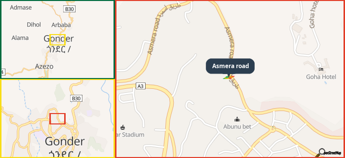 Map showing the address of Asmera road in three different zoom levels.