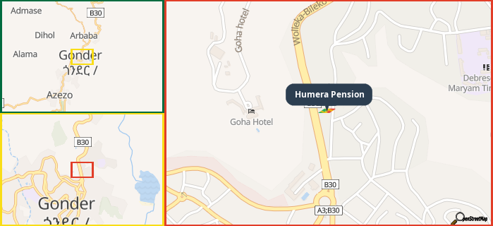 Map showing the address of Humera Pension in three different zoom levels.