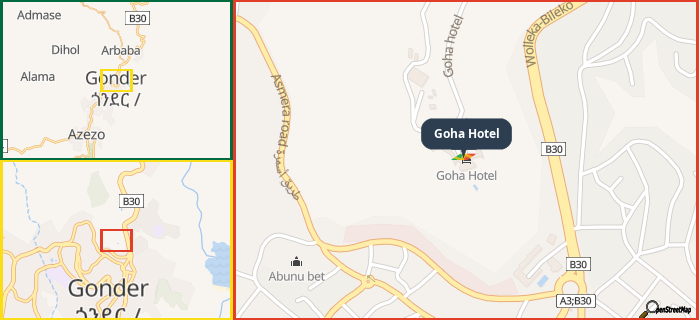 Map showing the address of Goha Hotel in three different zoom levels.