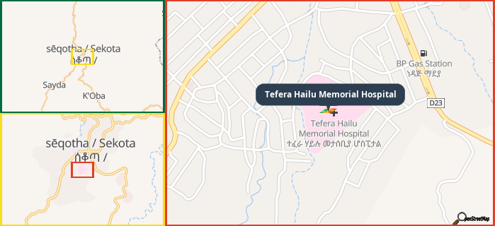 Map showing the address of Tefera Hailu Memorial Hospital in three different zoom levels.