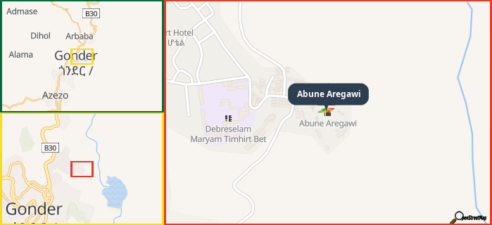 Map showing the address of Abune Aregawi in three different zoom levels.