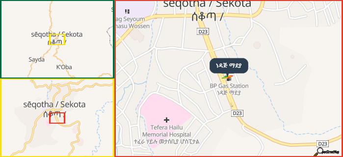 Map showing the address of ነዳጅ ማደያ in three different zoom levels.