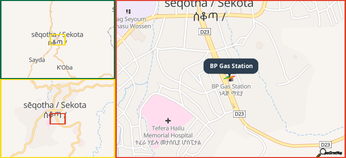 Map showing the address of BP Gas Station in three different zoom levels.