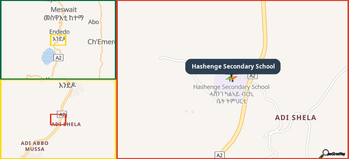 Map showing the address of Hashenge Secondary School in three different zoom levels.
