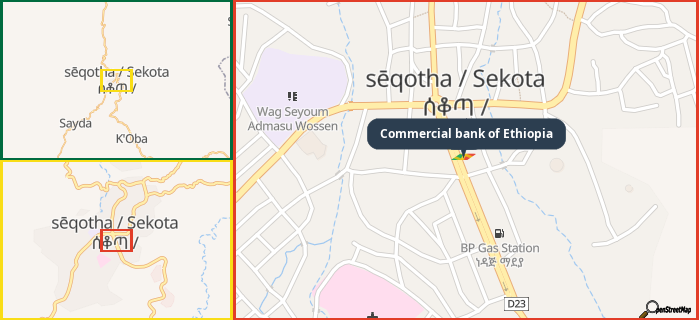 Map showing the address of Commercial bank of Ethiopia in three different zoom levels.
