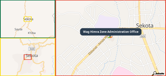 Map showing the address of Wag Himra Zone Administration Office in three different zoom levels.