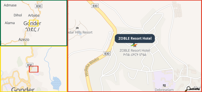 Map showing the address of ZOBLE Resort Hotel in three different zoom levels.