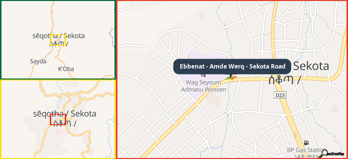 Map showing the address of Ebbenat - Amde Werq - Sekota Road in three different zoom levels.