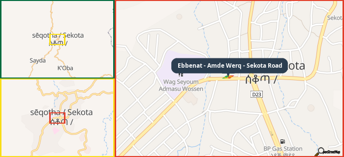 Map showing the address of Ebbenat - Amde Werq - Sekota Road in three different zoom levels.