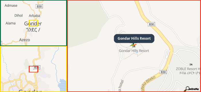 Map showing the address of Gondar Hills Resort in three different zoom levels.