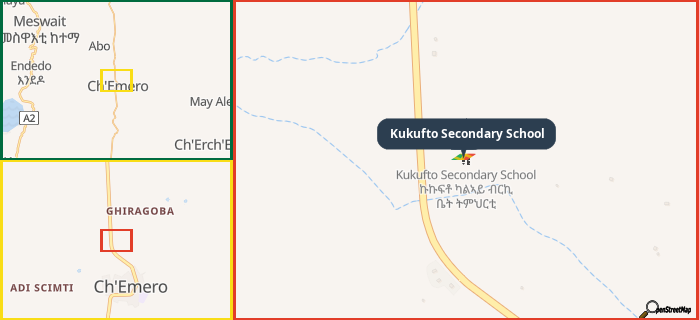 Map showing the address of Kukufto Secondary School in three different zoom levels.
