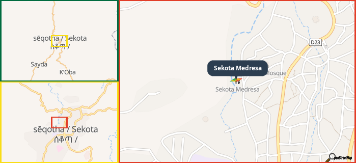 Map showing the address of Sekota Medresa in three different zoom levels.