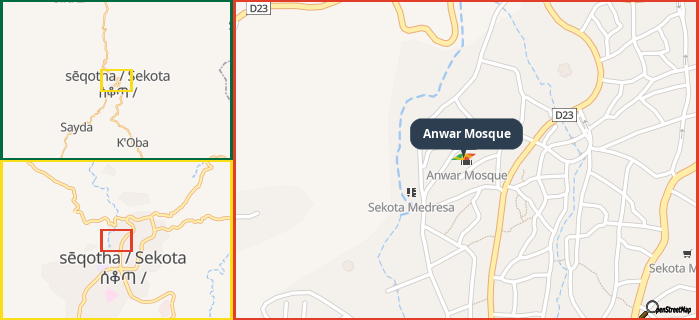 Map showing the address of Anwar Mosque in three different zoom levels.