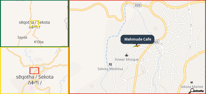 Map showing the address of Mahmude Cafe in three different zoom levels.