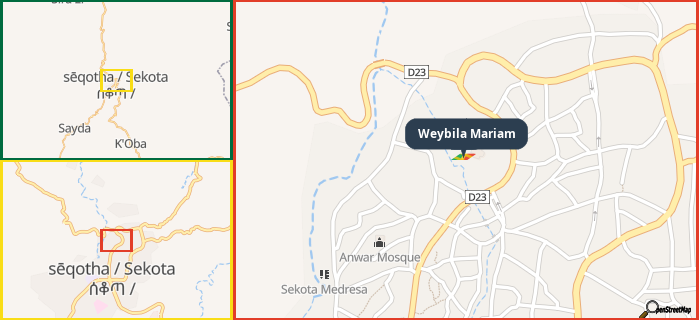 Map showing the address of Weybila Mariam in three different zoom levels.