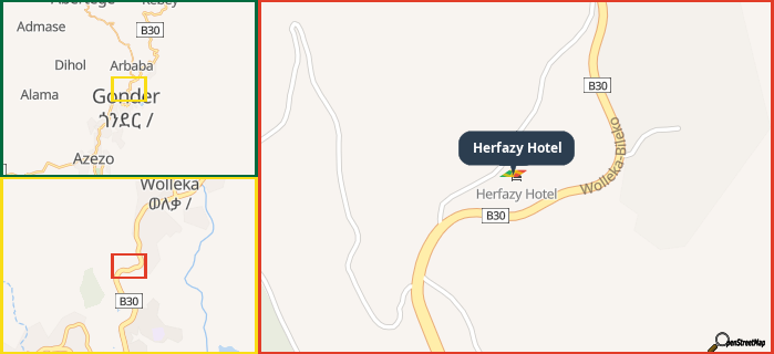 Map showing the address of Herfazy Hotel in three different zoom levels.