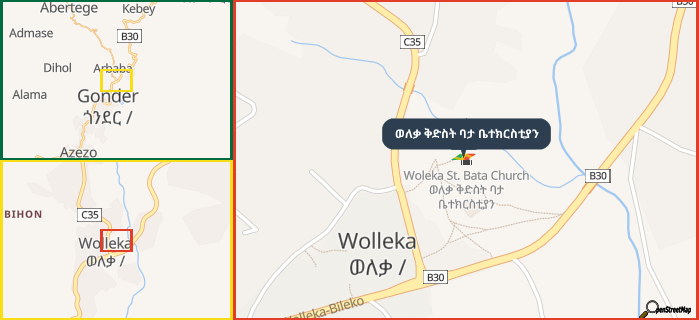 Map showing the address of ወለቃ ቅድስት ባታ ቤተክርስቲያን in three different zoom levels.