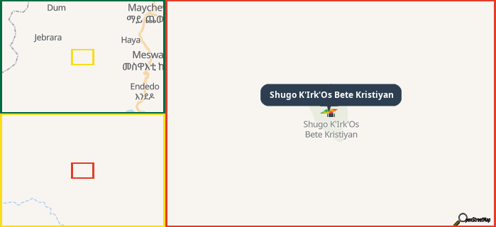 Map showing the address of Shugo K'Irk'Os Bete Kristiyan in three different zoom levels.