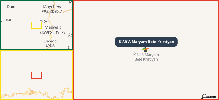 Map showing the address of K'Ali'A Maryam Bete Kristiyan in three different zoom levels.