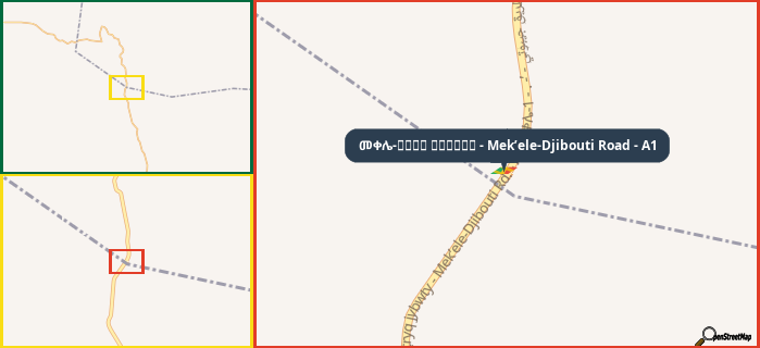 Map showing the address of መቀሌ-طريق جيبوتي - Mek’ele-Djibouti Road - A1 in three different zoom levels.