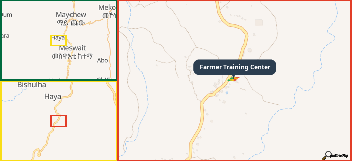 Map showing the address of Farmer Training Center in three different zoom levels.