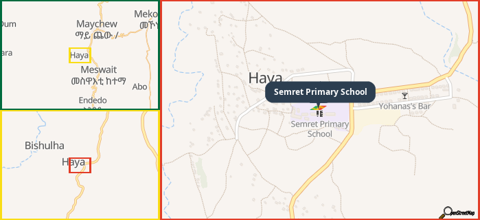 Map showing the address of Semret Primary School in three different zoom levels.