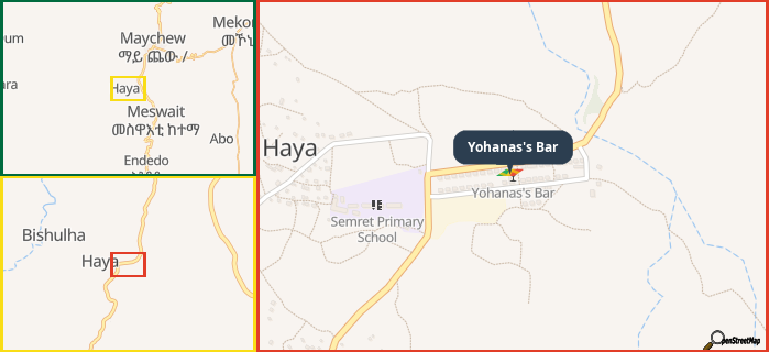 Map showing the address of Yohanas's Bar in three different zoom levels.