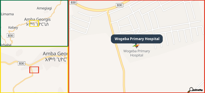 Map showing the address of Wogeba Primary Hospital in three different zoom levels.