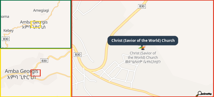 Map showing the address of Christ (Savior of the World) Church in three different zoom levels.