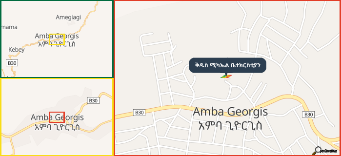 Map showing the address of ቅዱስ ሚካኤል ቤተክርስቲያን in three different zoom levels.