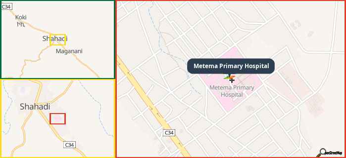 Map showing the address of Metema Primary Hospital in three different zoom levels.