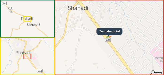 Map showing the address of Zenbaba Hotel in three different zoom levels.