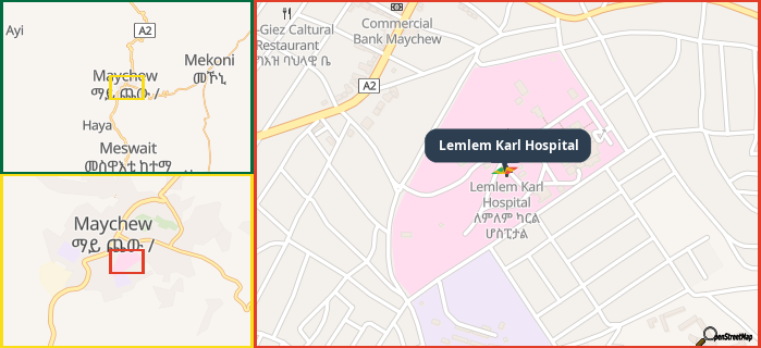 Map showing the address of Lemlem Karl Hospital in three different zoom levels.
