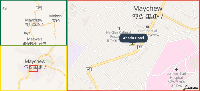 Map showing the address of Ahadu Hotel in three different zoom levels.