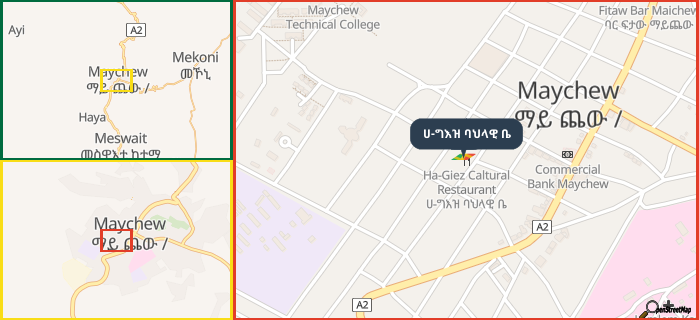 Map showing the address of ሀ-ግእዝ ባህላዊ ቤ in three different zoom levels.
