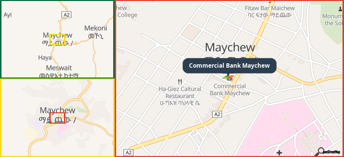 Map showing the address of Commercial Bank Maychew in three different zoom levels.